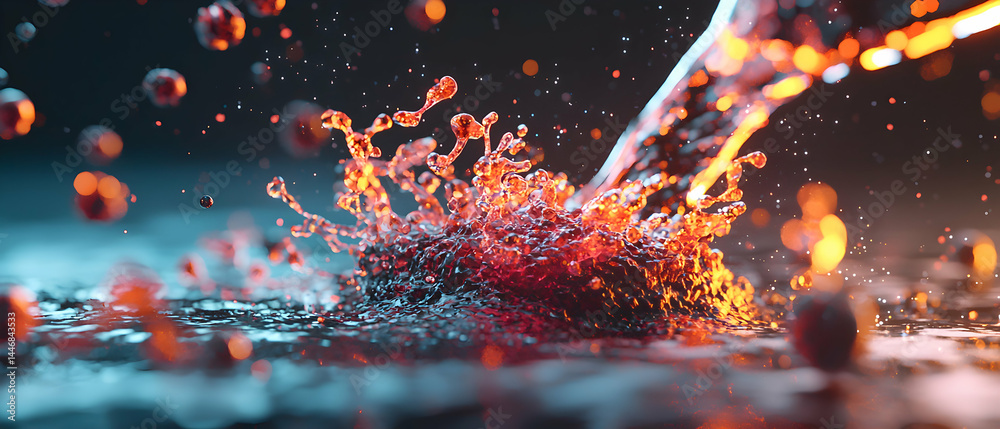 Poster dynamic splash of liquid with fiery colors creating an abstract image. use this as a vibrant backgro