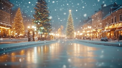 Snowy Christmas Canal Town at Night