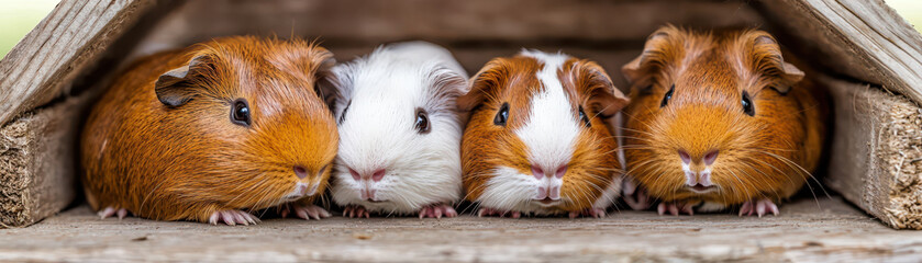 family of guinea pigs huddled together in cozy wooden shelter, showcasing their adorable features and warm fur
