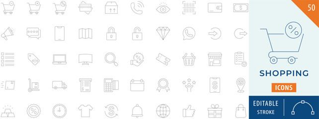 Shopping Collection Icon Set. Containing shop, sale, delivery, buy, business, and more. Editable Stroke Line.