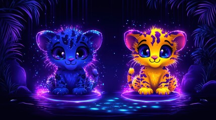 Pixelated felines glowing with neon aura create a captivating digital artwork for fantasy enthusiasts and modern design lovers featuring vibrant palette