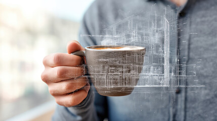 A person holds a coffee cup, a city blueprint overlaid on it, subtly blurred background
