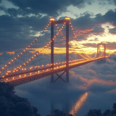 Fototapeta premium A grand suspension bridge at sunrise, with fog rolling over the water and warm golden light illuminating the structure