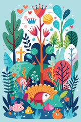 Colorful Fantasy Forest or Underwater Scene with Imaginative Animals – Whimsical Nature Illustration in Vibrant Vector Style
