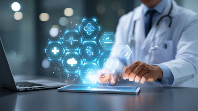 A doctor in a lab coat uses futuristic medical technology on a touch tablet.