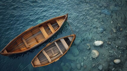 Obraz premium A top view of a wooden boats, a big one small one tied to the other by a thick rope in the sea, the boats diagonally in the composition, Generative AI illustrations.