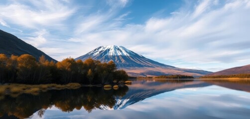 Mirror-like reflection of Mount Taranaki in a still lake, grey, photography