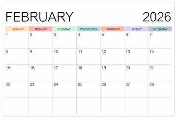 Calendar February 2026 page isolated on white background, Save clipping path.