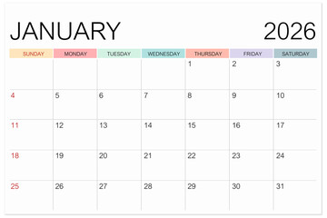 Calendar January 2026 page isolated on white background, Save clipping path.