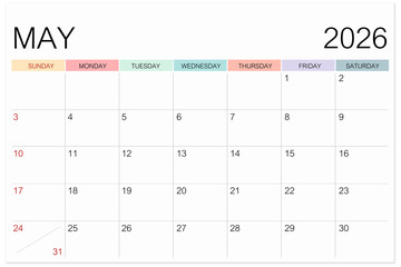 Calendar May 2026 page isolated on white background, Save clipping path.