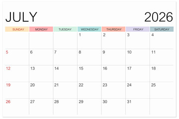 Calendar July 2026 page isolated on white background, Save clipping path.