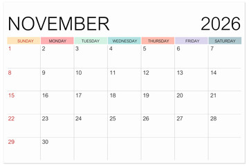 Calendar November 2026 page isolated on white background, Save clipping path.