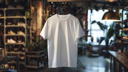 Fototapeta premium White t-shirt mockup hanging on a hiphop store background, Generative AI illustrations.
