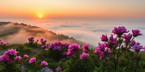 Fototapeta premium Misty sunrise, pink azaleas blooming on Hwangmaesan Mountain, Hapcheon, South Korea, mountain, idyllic