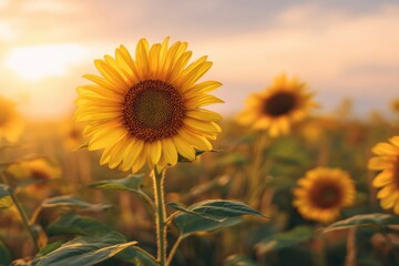 Obraz premium Radiant sunflowers glowing at sunset in a peaceful meadow, showcasing golden beauty for nature-themed projects, ideal summer backdrop, inviting design elements, and warm ambience