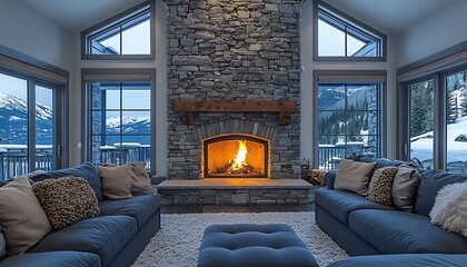 Obraz premium Cozy living room with stone fireplace and mountain view