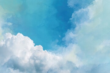 Blue green watercolor backdrop with fluffy cloud centerpiece and artistic sky frame for tranquil settings and imaginative designs