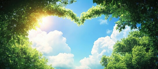 Heart-shaped tree canopy frames sunny sky with fluffy clouds
