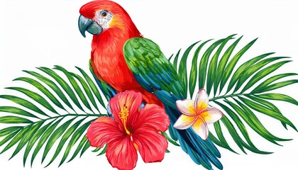 Obraz premium Bird, flower and palm leaves. tropical watercolor on isolated white background. Tropical il