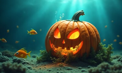 Carved pumpkin resting on ocean floor surrounded by curious fish, seaweed growing through its eye holes, shafts of light piercing water.