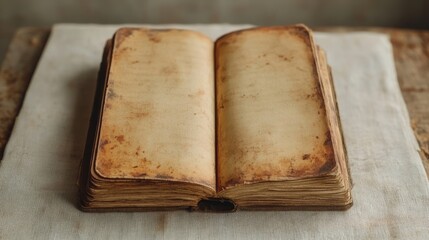 An antique book with aging pages rests open, inviting exploration of its blank canvas for creative expression and forgotten tales, embodying timeless elegance