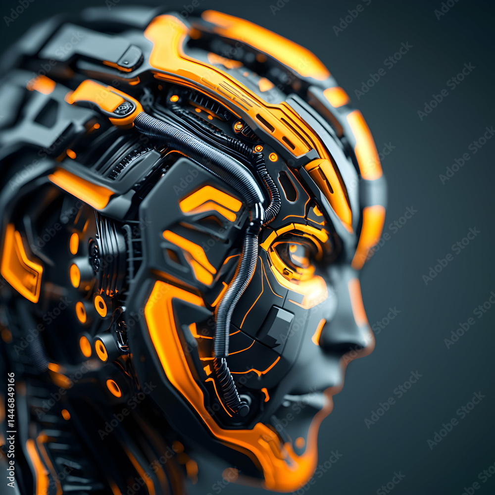 Poster futuristic robot face design with glowing orange highlights. ideal for sci-fi concepts technology in