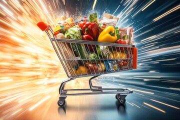 Concept of turbocharged shopping cart overflowing with groceries, rapid online delivery theme, dynamic background