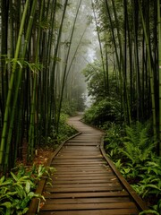 Fototapeta premium Pathway Through a Tranquil Bamboo Forest Shrouded in Mist