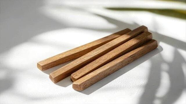 Four wooden rectangular blocks, light brown color, placed on a white surface with shadows