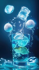 Deep blue drink with glowing moon and ice cubes creates ethereal effect Generative AI