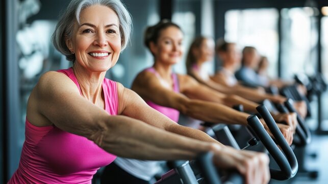group of mature women enjoying a fitness session on exercise bik