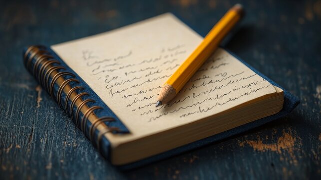 Intricate spiral notebook atop rustic wooden backdrop with handwritten script and classic yellow pencil providing a sense of personal journaling