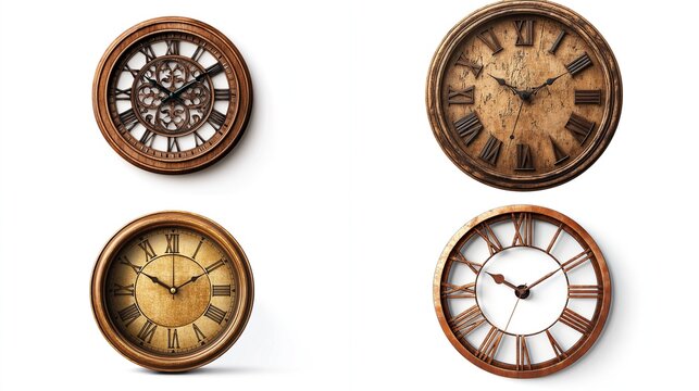Four antique-style wall clocks with Roman numerals.