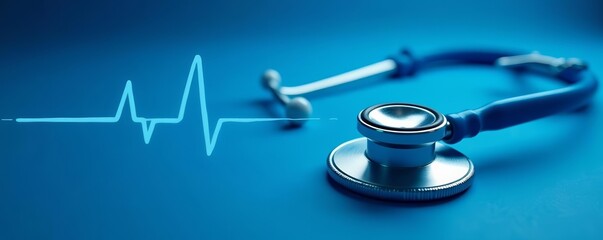 Abstract blue medical background with stethoscope and heartbeat line, doctor, clinical, equipment