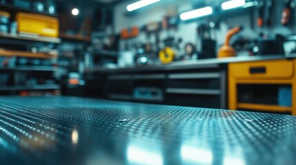 Blur mechanic workshop metal tabletop, countertop with tools, automotive store