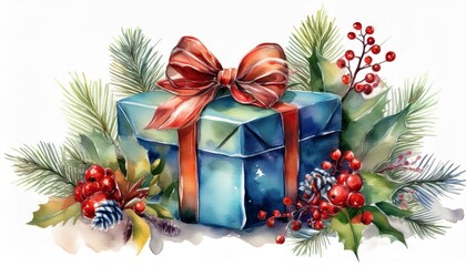 Christmas composition of gift on an isolated white background, watercolor drawing