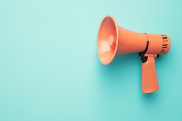 Minimalist megaphone design on soft blue background, coral megaphone emphasized in center, sleek horizontal layout