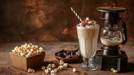 Chocolate milkshake topped with whipped cream, popcorn. Vintage aesthe