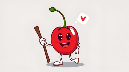 Cherry sick with limping stick character. cartoon mascot vector