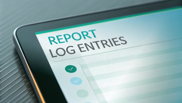 Report log entries on digital tablet screen with mechanical consulting concept for business data analysis and management