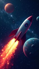 A sleek rocket speeding through the cosmos against a backdrop of stars and planets, adventure, space, cosmos