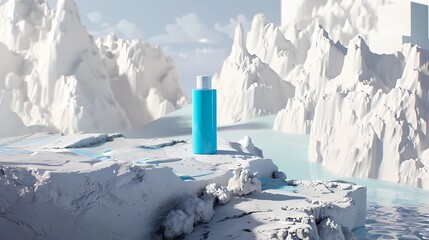 A striking product photography advertisement featuring a single blue bottle of sunscreen placed on a white cliff model, Generative AI illustrations.