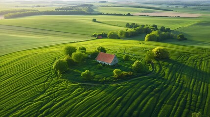 Obraz premium Aerial view of green farmland with an abandoned farm house in the middle, surrounded by rows of wheat and grain fields, Generative AI illustrations.