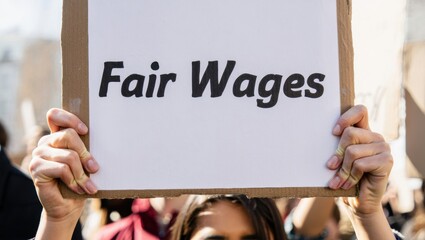 A protester holds a sign reading "Fair Wages" during a demonstration advocating for equitable pay.