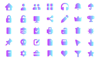 Neon gradient UI Icons Set, 35 Interface Symbols for Web and App Design on White Background