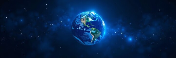 Fototapeta premium Blue glowing planet earth with radiant light beams in cosmic black background, futuristic, space, glowing