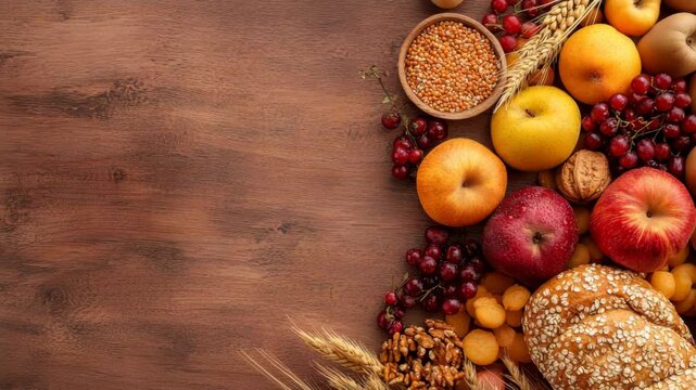 Harvest Bounty: A rustic tableau of seasonal fruits, grains, and nuts arranged on a wooden surface, an inviting still life evoking the abundance of a bountiful harvest.