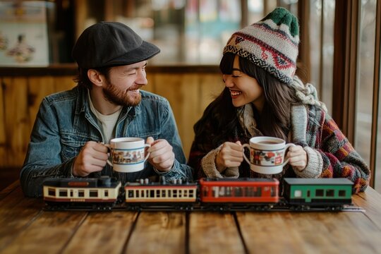 Couple clinking coffee cups on train table