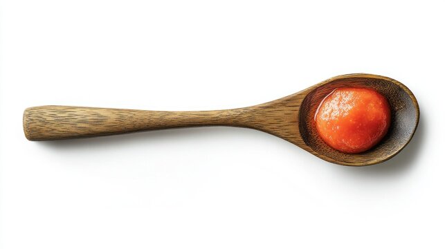 Wooden spoon with a dollop of tomato-based condiment