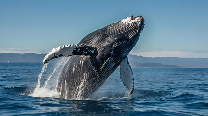 Naklejka premium This incredible sight captures a majestic whale leaping out of the calm blue ocean surface.